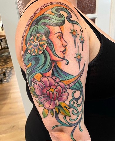 Moon Lady by Jordan LeFever, Morningstar Tattoo, Belmont, Bay Area, California