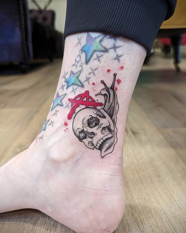 Anarchy Snail Tattoo by Jordi Simons, Morningstar Tattoo, Belmont, Bay Area, California