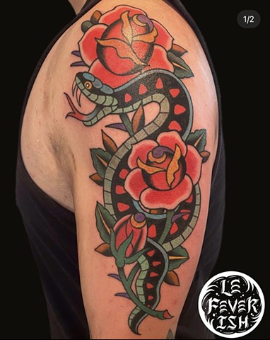 Peony and Snake by Jordan LeFever, Morningstar Tattoo, Belmont, Bay Area, California