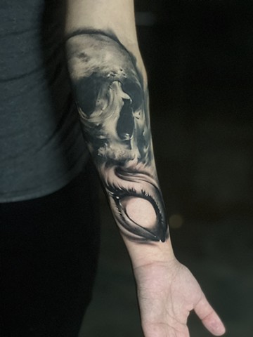 Ghost Skull Tattoo by Michael Ascarie, Morningstar Tattoo, Belmont, Bay Area, California