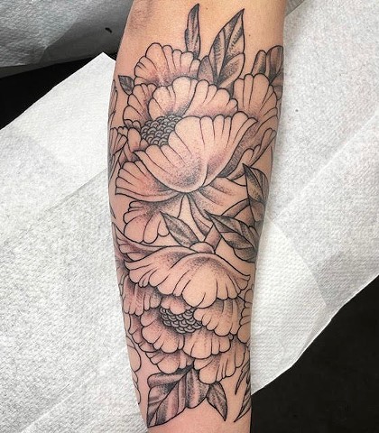 Peony Flowers by Jordan LeFever, Morningstar Tattoo, Belmont, Bay Area, California