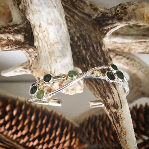 New Zealand Jade (Nephrite) bracelet, made with sterling silver, 14KY gold, and Montan Sapphires by Ryan C. Sedgeley.