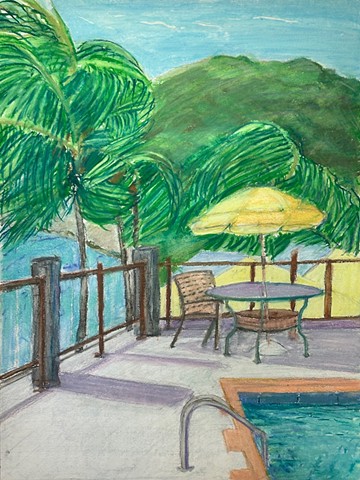 St. Kitts, Pool/Umbrella/Trees, 16"x12"