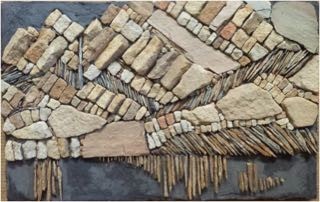 This is a small abstracted landscape of a lake at the base of a mesa.