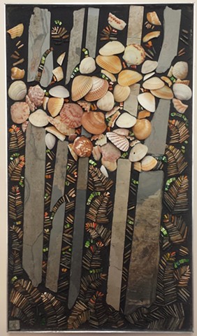 An abstracted forest scene with ferns, trees and shell leaves.