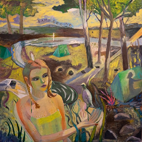 A painting of an imaginary summer landscape with a campground, and a mysterious young woman holding a bird in her hand, painted by Craig McDaniel.