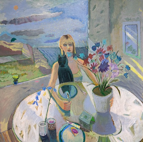 A meditative painting of an interior with a young woman, cat and vase of flowers on a table, with large window in the background, painted by Craig McDaniel, in a style that echoes the painter Balthus.