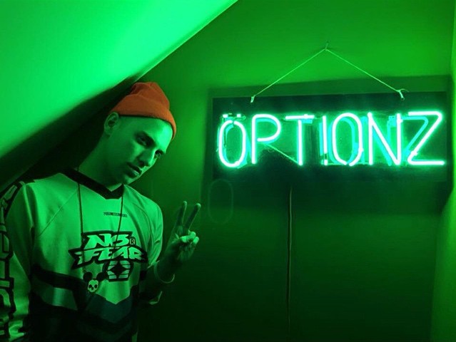 Custom neon sign "OPT!ONZ" produced for various performance art and cocktail series, 2012-2018
