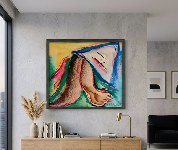 Pastel drawing on hemp paper-printed on cotton canvas. 