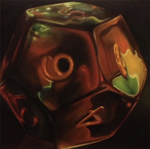 A transparent dark-orange twelve-sided dice with green swirls is illuminated from the inside. Slightly illuminated from outside, the form of the druid dice is difficult to see for all the color.