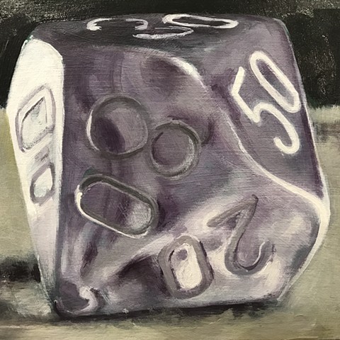On a neutral felted surface, against a black background rests a ten-sided dice (commonly used for role playing games). The die is transparent with a light purple hue, and numbered in white. 