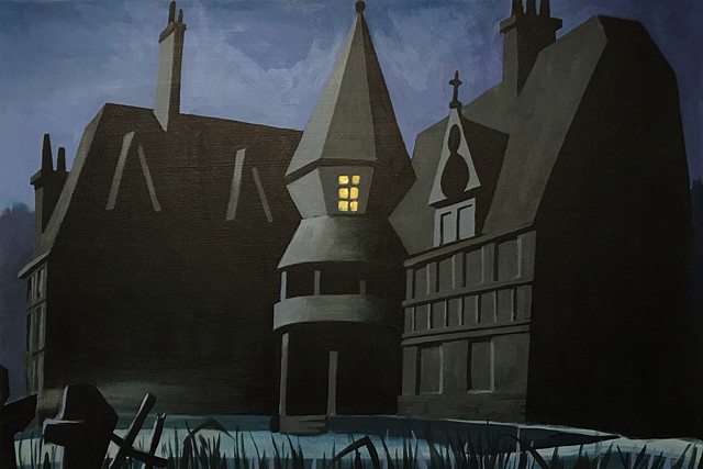 This twenty-four by thirty-six painting features the haunted house in the season one intro to the animated television show "Scooby Doo: Where Are You?"