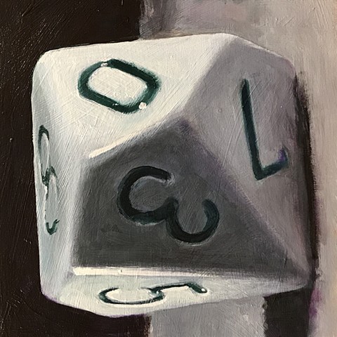 Resting on a neutral felted ground, with a horizon line about center, and against a dark background rests a pale blue ten-sided dice. The dice fills the canvas, and the numerals are inked in dark blue. 