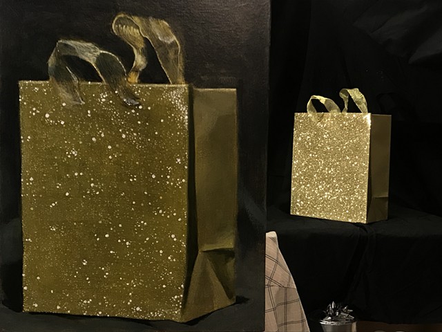 This image is vertical and features a gold glittery gift bag on a black ground. The Gift bag is large in proportion to the canvas, which is eighteen inches high and fourteen inches wide.