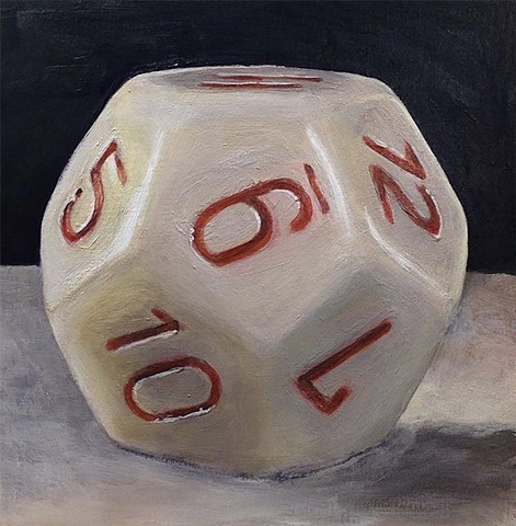 Resting on a neutral felted surface, against a black background, horizon line about center, is an ivory twelve-sided dice. The Arabic numerals are inked in red. The strong light source features the translucent nature of the dice.