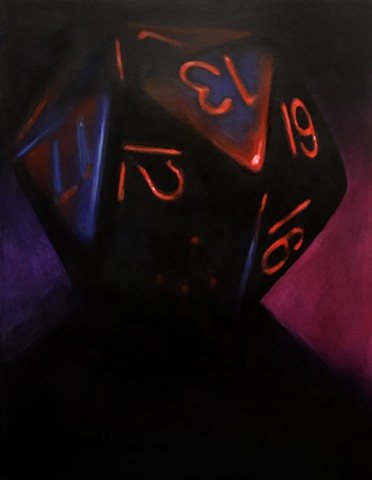 In a black space back lit with a purple-magenta light rests a black twenty-sided dice with red numerals. There are places where the edges of the die seem to disappear into the darkness. 