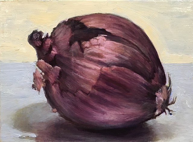 On a pale blue surface, horizon line just above center, rests a red onion. The onion is large in proportion to the eight inch by ten inch painting and fills the canvas. The onion's surface examines the transparencies of the inner layers and papery texture