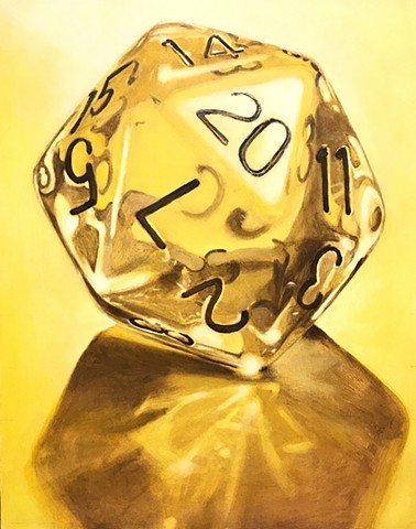 On a yellow ground rests a clear transparent twenty-sided dice, numbered in black. Facing the viewer is the number "twenty" the highest number. It's as if the paladin, bathed in righteous light, is not without a slightly "hammy" side. 