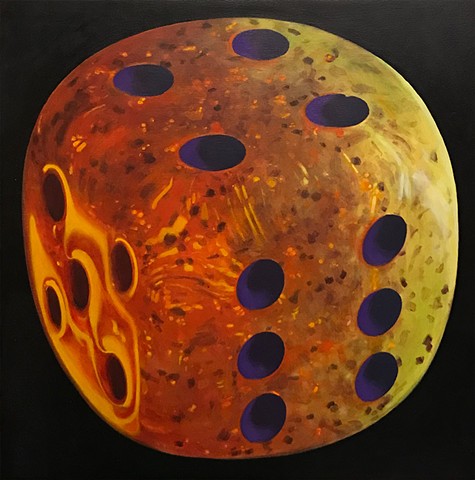 On a completely black ground, floats a six-sided die. The die is numbered with pips, rather than Arabic numerals. Transparent yellow and filled with glitter the die glows from within while purple and orange light highlight the die's contours.