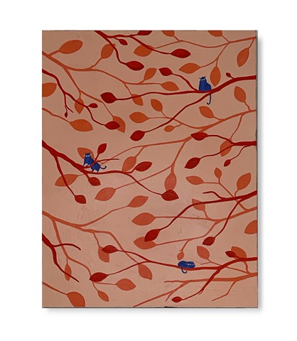 A rectangular wooden panel on a white background. The panel has been painted with red and coral leaves and branches over a paler pink background. Three small blue tigers sit on the branches.