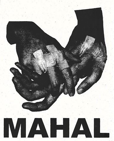 Pictured is a black and white, halftoned image of three hands intimately entwined. Many bandages cover the knuckles of the two hands on top. Below the image of hands is the Filipino/Tagalog word "MAHAL" spelt in a large, bold typeface.  