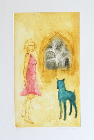  Suzanne Nessim, Lady in Red Dress with Blue Dog & House 