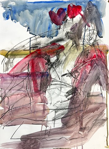 Charcoal, watercolor, and interference on paper. A ritual arc ruptures the facial form.