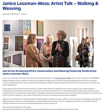 Artist Lecture, Thursday, NOVEMBER 6, 5:30, PEG'S GALLERY, Hudson, OH