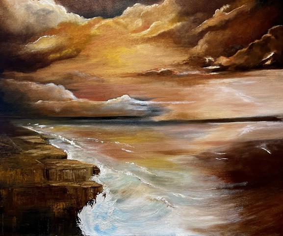 Oil painting ocean crashing waves bluffs cliffs storm painting by Joy DeNicola