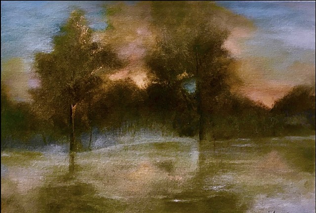 Original oil painting Tonalism sunrise sunset moonrise moonset snow water clouds nightfall golden ski by Joy DeNicola