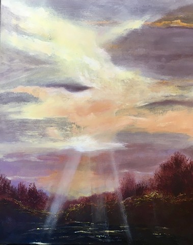 Original oil painting violet sunrise sunset water clouds by Joy DeNicola