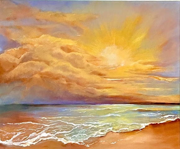 oil painting art water waves beach shoreline sunrise Lake Michigan painting by Joy DeNicola