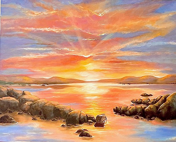 Original oil painting sunrise water rocky bay water clouds by Joy DeNicola