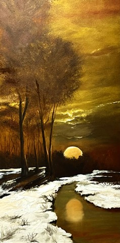 Original oil painting Tonalism sunrise sunset moonrise moonset snow water clouds nightfall golden ski by Joy DeNicola