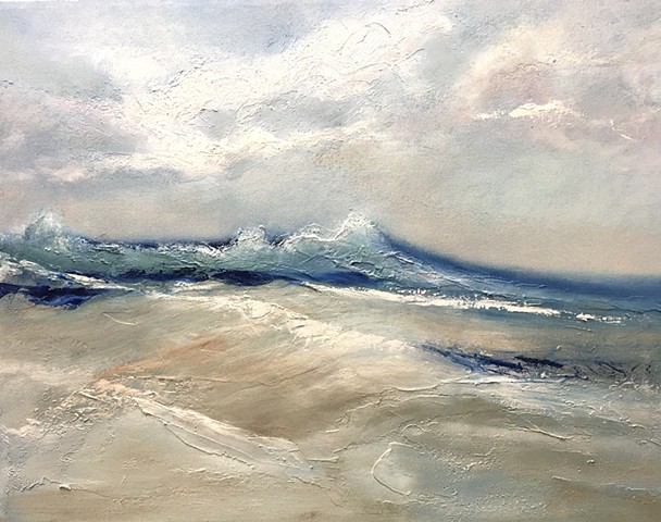 Oil painting sea ocean weaves stormy blue shore by Joy DeNicola