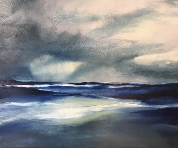 Original oil painting water blue ocean storm ominous by Joy DeNicola