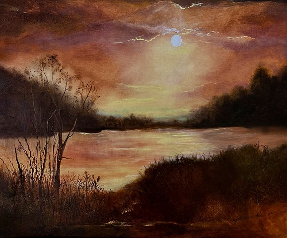 Original oil Tonalism landscape painting water pond sunset sunrise by Joy DeNicola 