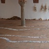 Exhibition Flying Carpet Prayers at El Pósito, performance workshop props, cardus plant, and on the floor, rolled newspaper from Catalunya in the shape of Cañadas Real