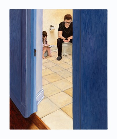 a man and a child in a bathroom
