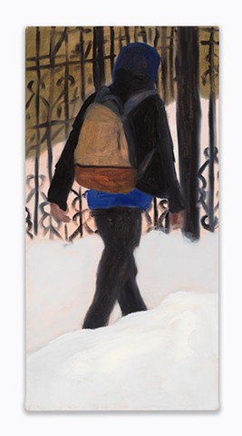Gwendolyn Zabicki, Student with a backpack in the snow, painting, Chicago artist