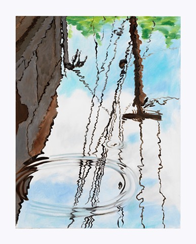 A puddle in an alley reflecting telephone wires, trees, and a building