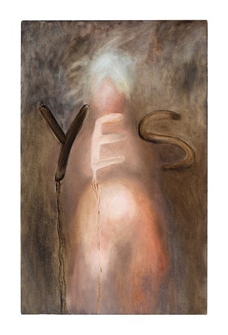a naked woman looking in a steamy mirror in which she has written the word "yes"