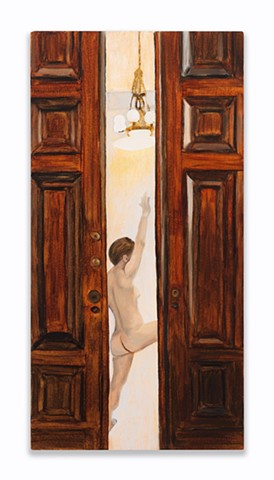 A naked woman doing a cartwheel as seen through dark wooden pocket doors