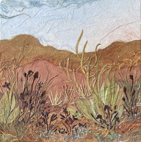 Paper Art /8"x8" canvas of dry hills and many plants in landscape/mixed media w/paper, watercolor and acrylic paint   