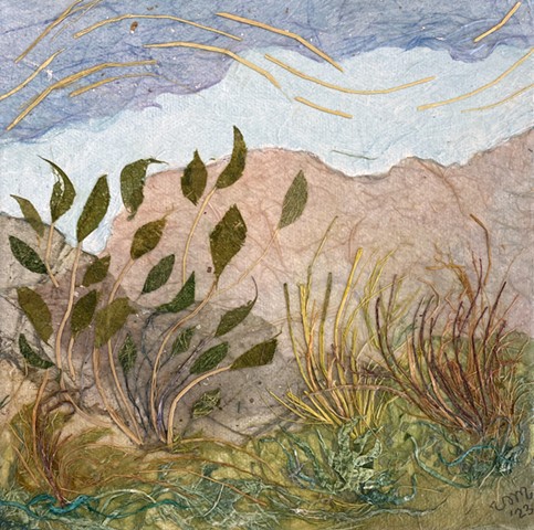 Paper Art /8"x8" canvas of plants and lovely wind landscape/mixed media w/paper, watercolor and acrylic paint   