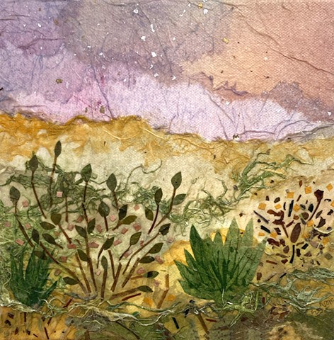 Paper Art /8"x8" canvas of colorful skies and patterns of plants in landscape/mixed media w/paper, watercolor and acrylic paint   