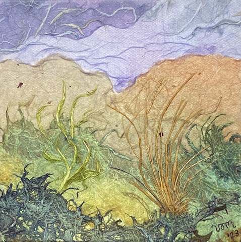 Small colorful landscape on canvas with plants & wind/mixed media by Victoria Alexander Marquez/ mixed media w/paper, watercolor and acrylic paint