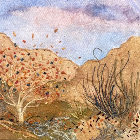 Paper Art Happy dancing plants in  mixed media hillside landscape w/paper, watercolor & acrylic on canvas