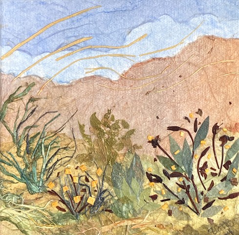 Paper Art Happy dancing plants in  mixed media hillside landscape w/ paper, watercolor & acrylic on canvas