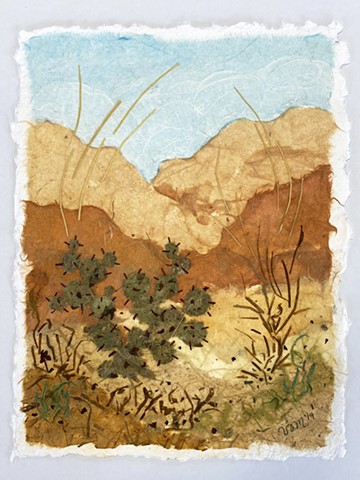 Paper Art happy cactus/ mixed media hillside landscape on 100%cotton rag paper